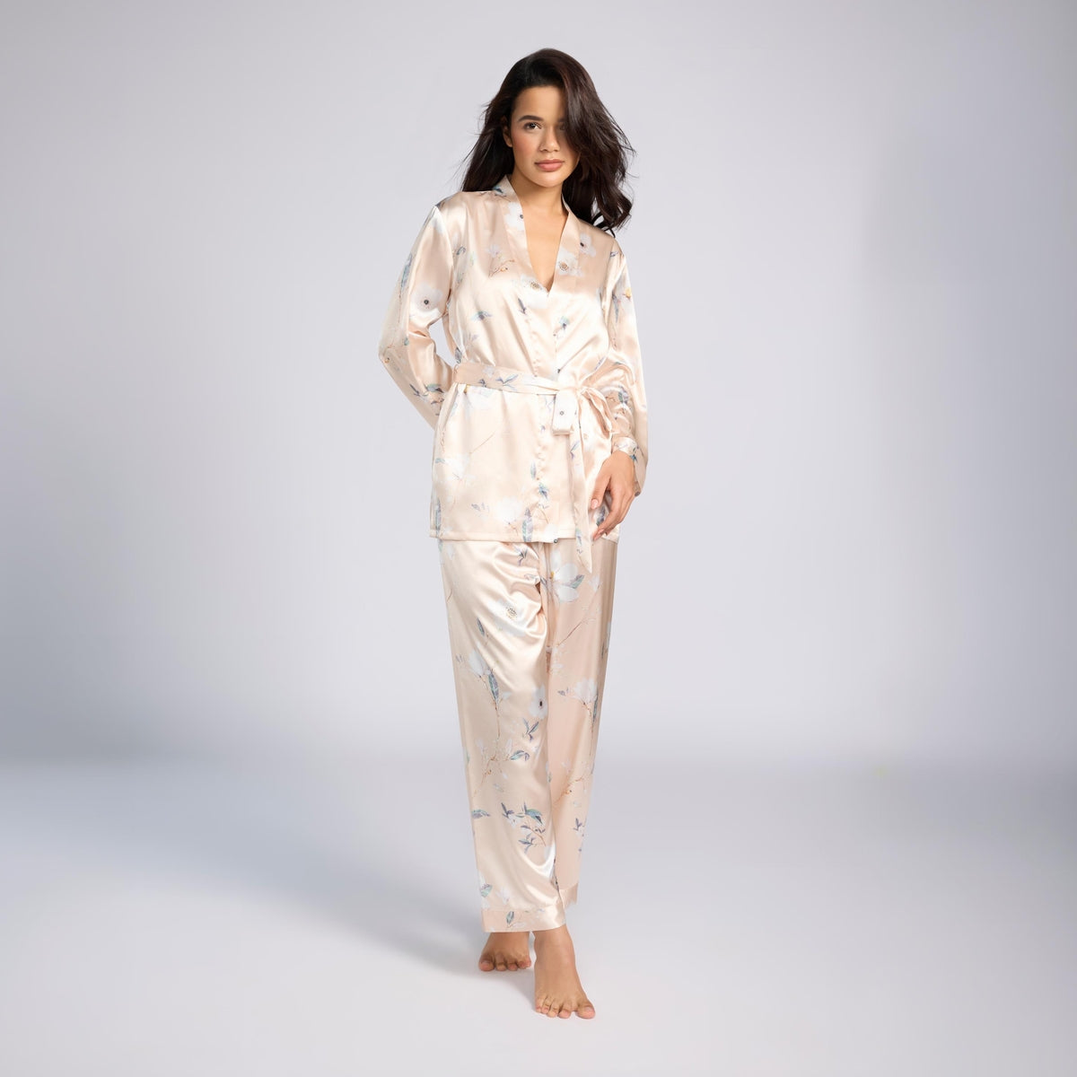 Nykd By Nykaa Luxe Printed Satin Cami Top, Pyjama & Belted Robe Set Of 3 Nys959 Blush Floral