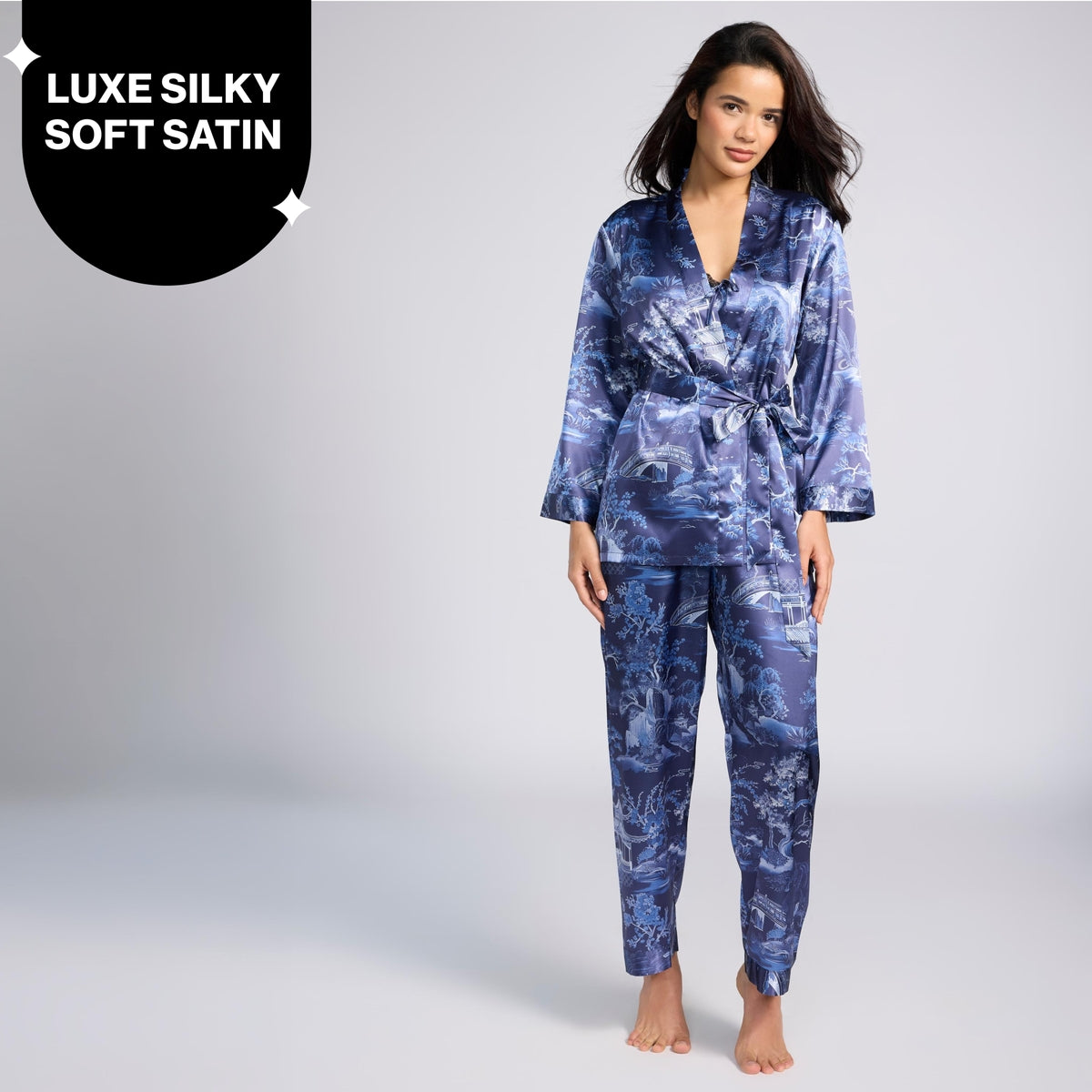 Nykd By Nykaa Luxe Printed Satin Cami Top, Pyjama & Belted Robe Set Of 3 Nys959 Dark Blue