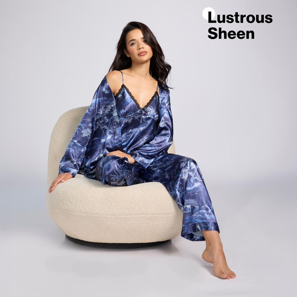 Nykd By Nykaa Luxe Printed Satin Cami Top, Pyjama & Belted Robe Set Of 3 Nys959 Dark Blue