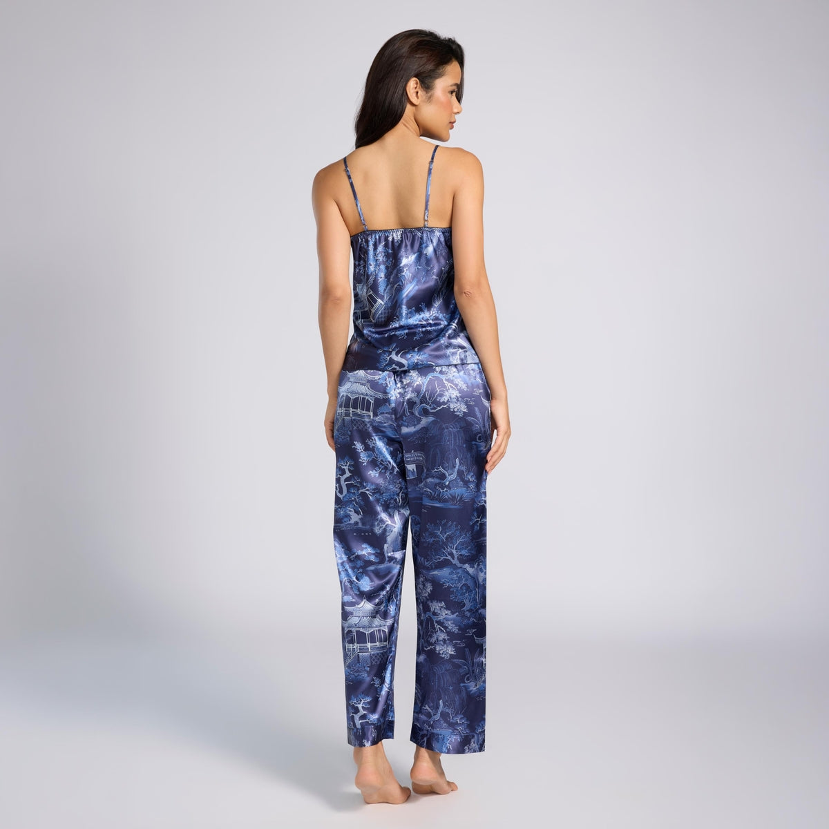 Nykd By Nykaa Luxe Printed Satin Cami Top, Pyjama & Belted Robe Set Of 3 Nys959 Dark Blue