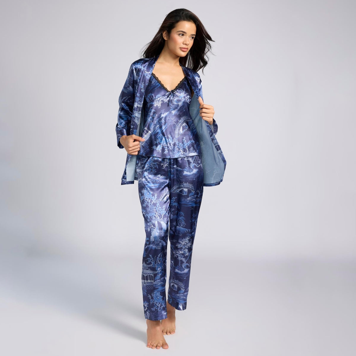Nykd By Nykaa Luxe Printed Satin Cami Top, Pyjama & Belted Robe Set Of 3 Nys959 Dark Blue