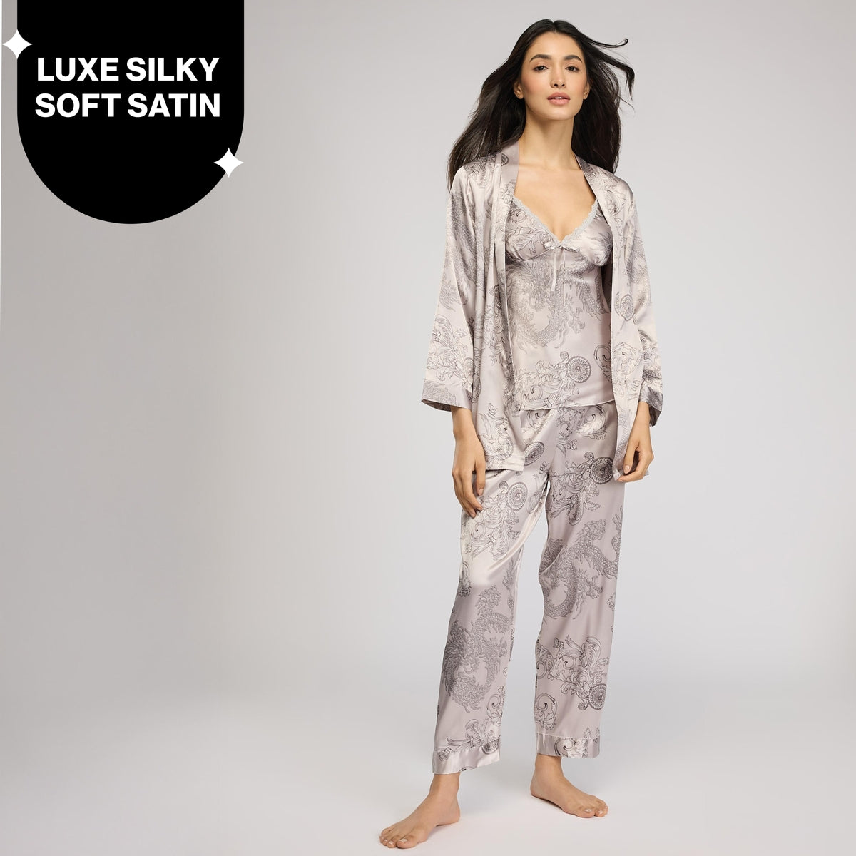 Nykd By Nykaa Luxe Satin Cami Top, Pyjama & Belted Robe Set Of 3 Nys959 Grey