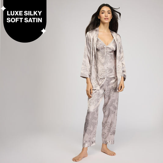 Nykd By Nykaa Luxe Satin Cami Top, Pyjama & Belted Robe Set Of 3 Nys959 Grey