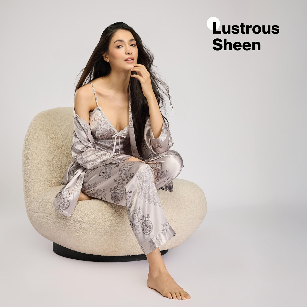 Nykd By Nykaa Luxe Satin Cami Top, Pyjama & Belted Robe Set Of 3 Nys959 Grey