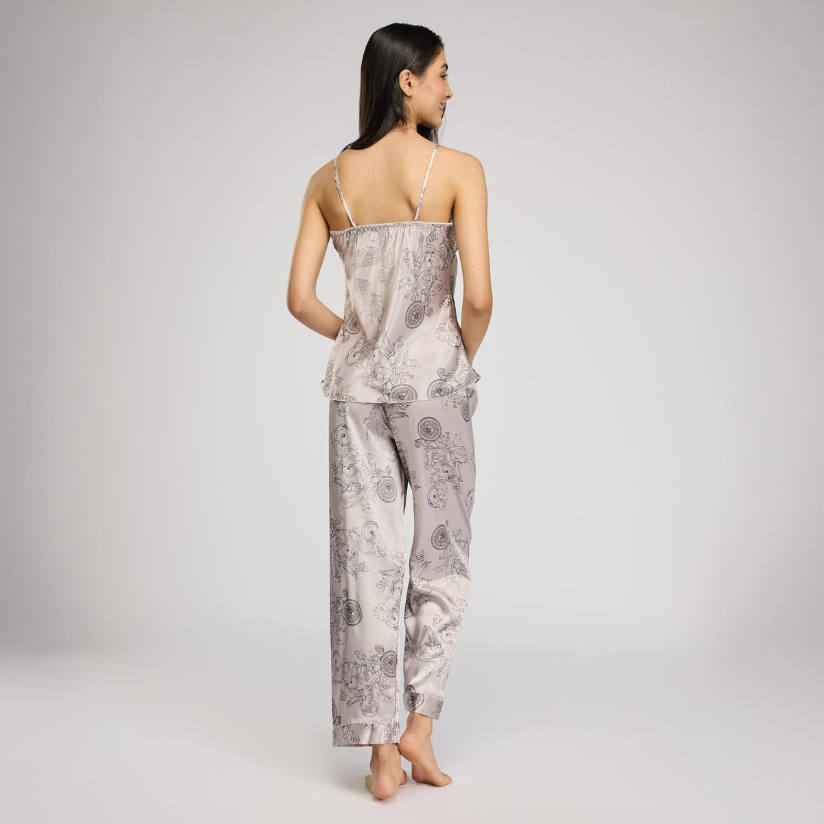 Nykd By Nykaa Luxe Satin Cami Top, Pyjama & Belted Robe Set Of 3 Nys959 Grey
