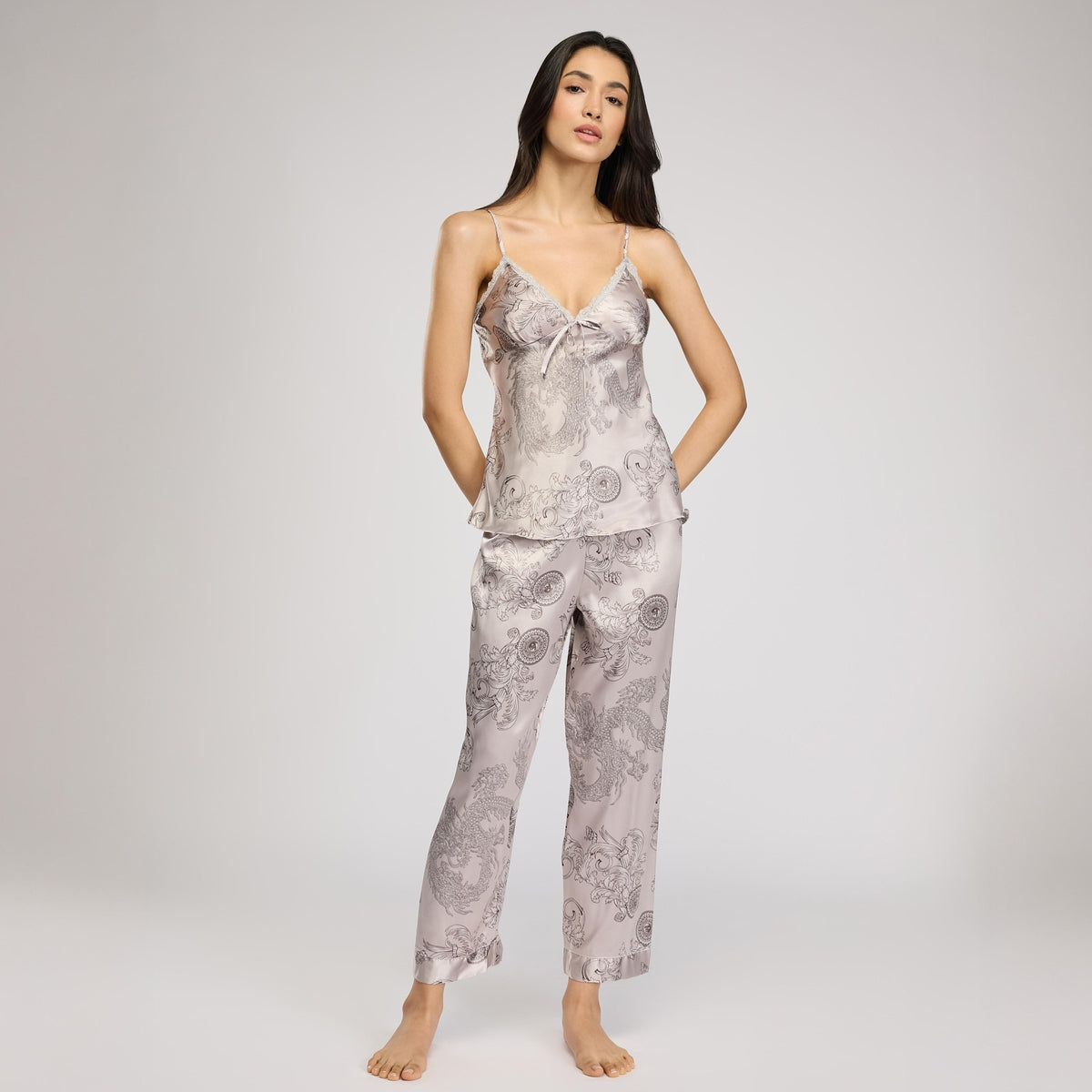 Nykd By Nykaa Luxe Satin Cami Top, Pyjama & Belted Robe Set Of 3 Nys959 Grey