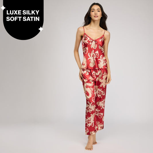Nykd By Nykaa Luxe Satin Cami Top, Pyjama & Belted Robe Set Of 3 Nys959 Red