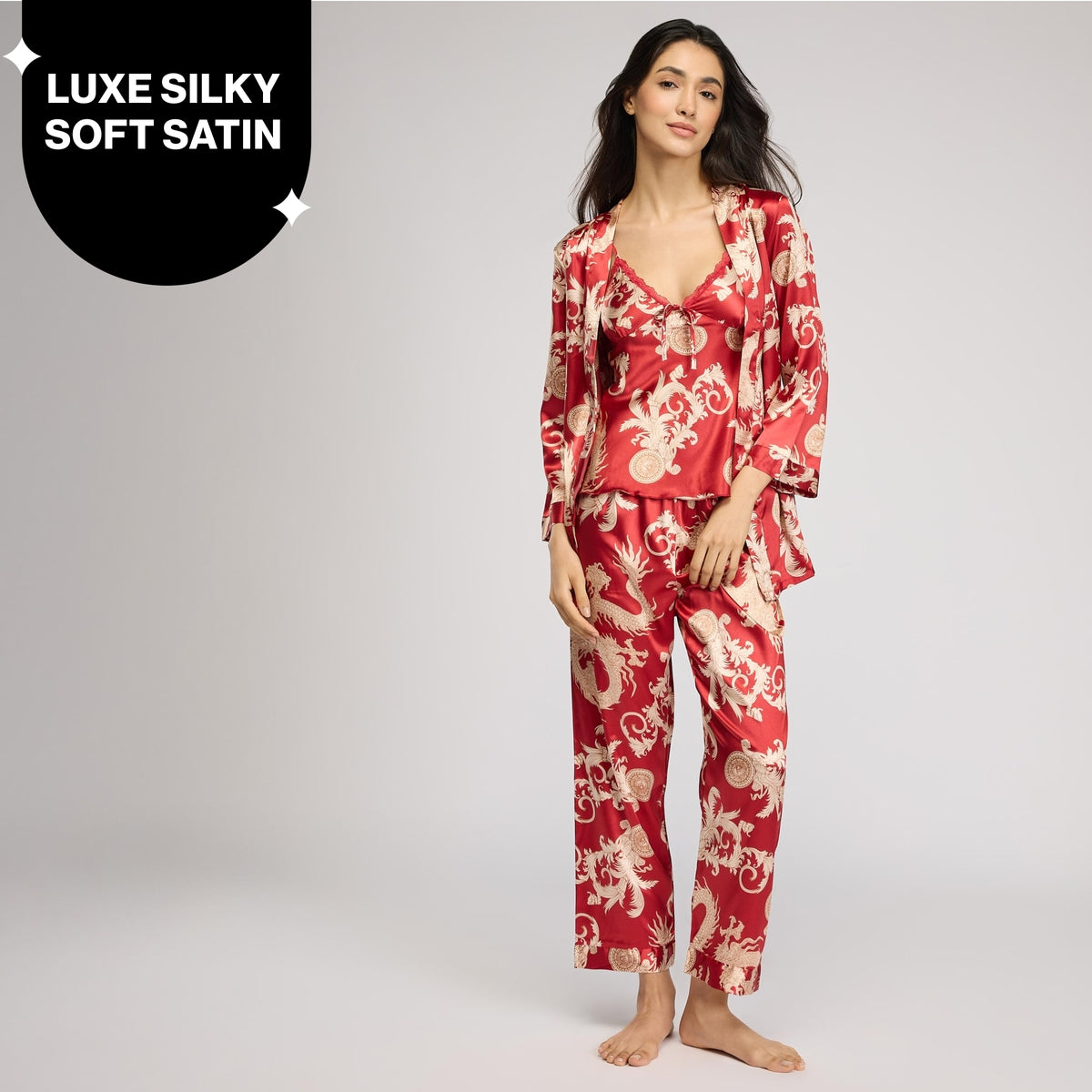 Nykd By Nykaa Luxe Satin Cami Top, Pyjama & Belted Robe Set Of 3 Nys959 Red