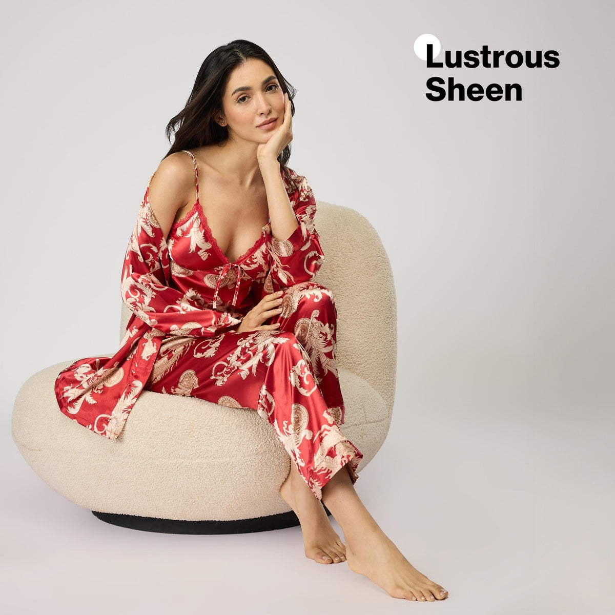 Nykd By Nykaa Luxe Satin Cami Top, Pyjama & Belted Robe Set Of 3 Nys959 Red