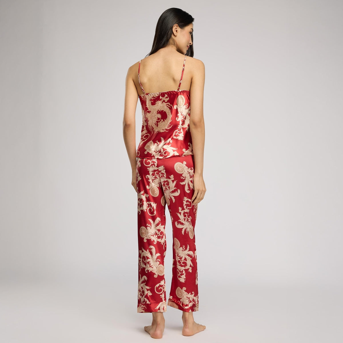 Nykd By Nykaa Luxe Satin Cami Top, Pyjama & Belted Robe Set Of 3 Nys959 Red
