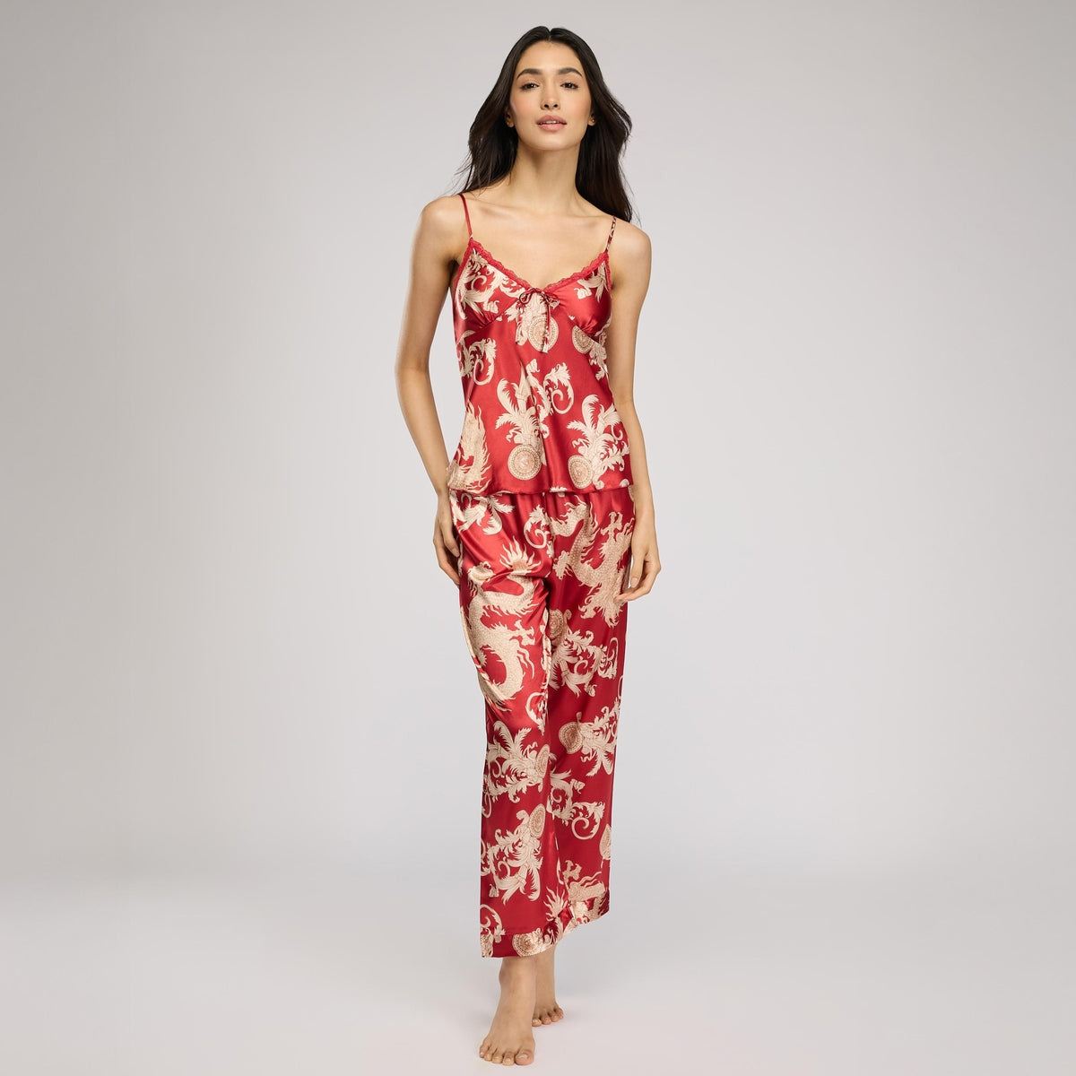 Nykd By Nykaa Luxe Satin Cami Top, Pyjama & Belted Robe Set Of 3 Nys959 Red