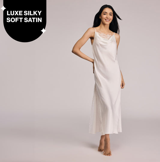 Nykd By Nykaa Luxe Satin Slip Dress With Lace-Accented Cowl Neck-Bridal Edit-NYS960 White