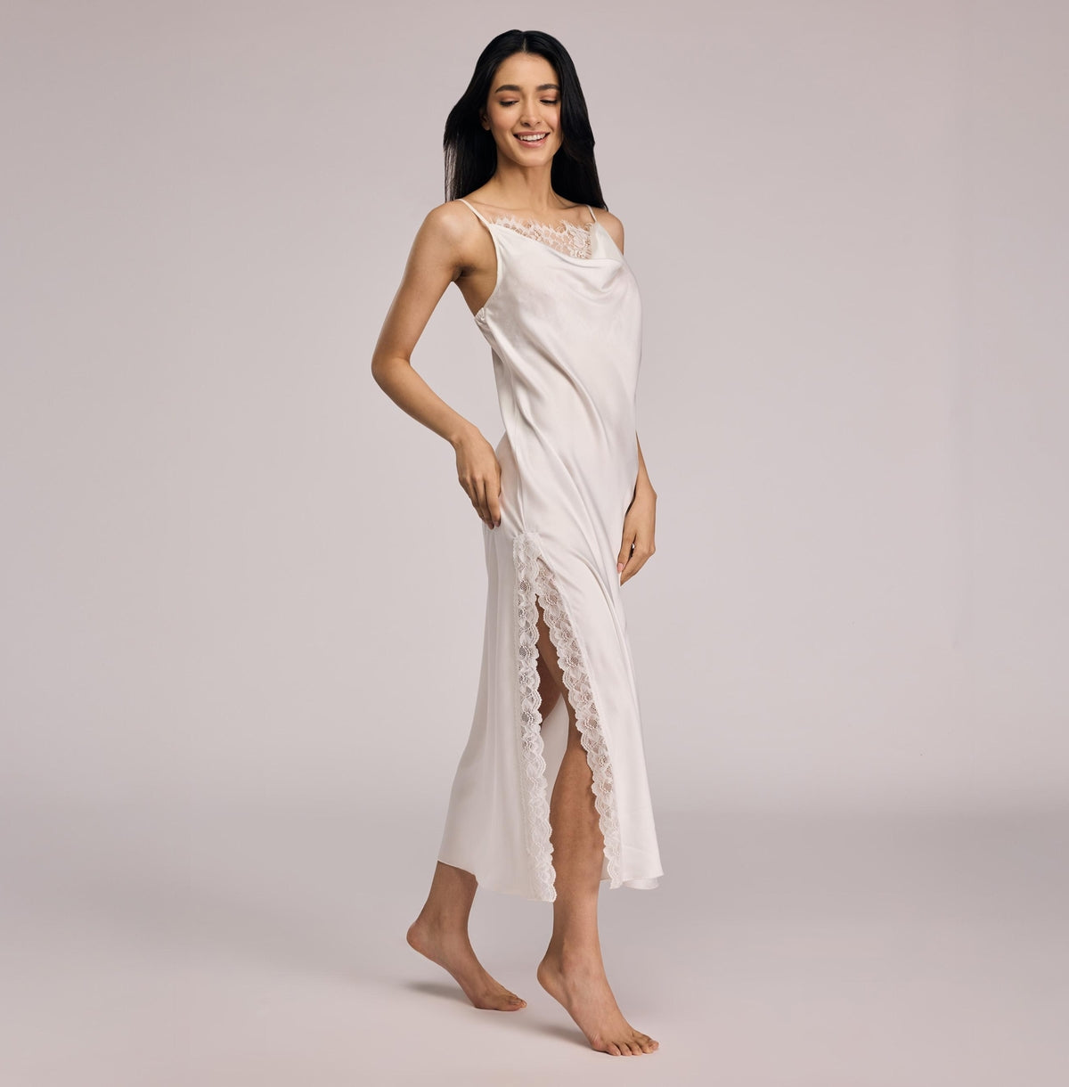 Nykd By Nykaa Luxe Satin Slip Dress With Lace-Accented Cowl Neck-Bridal Edit-NYS960 White