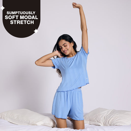 Nykd By Nykaa Sumptuously Soft Modal Pointelle Textured Shorts Set Of 2 Nys961 Blue