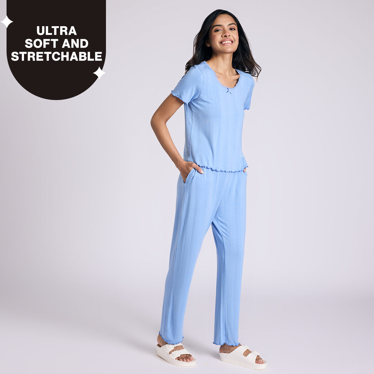 Nykd By Nykaa Sumptuously Soft Modal Pointelle Textured Pyjamas Set Of 2 Nys962 Blue
