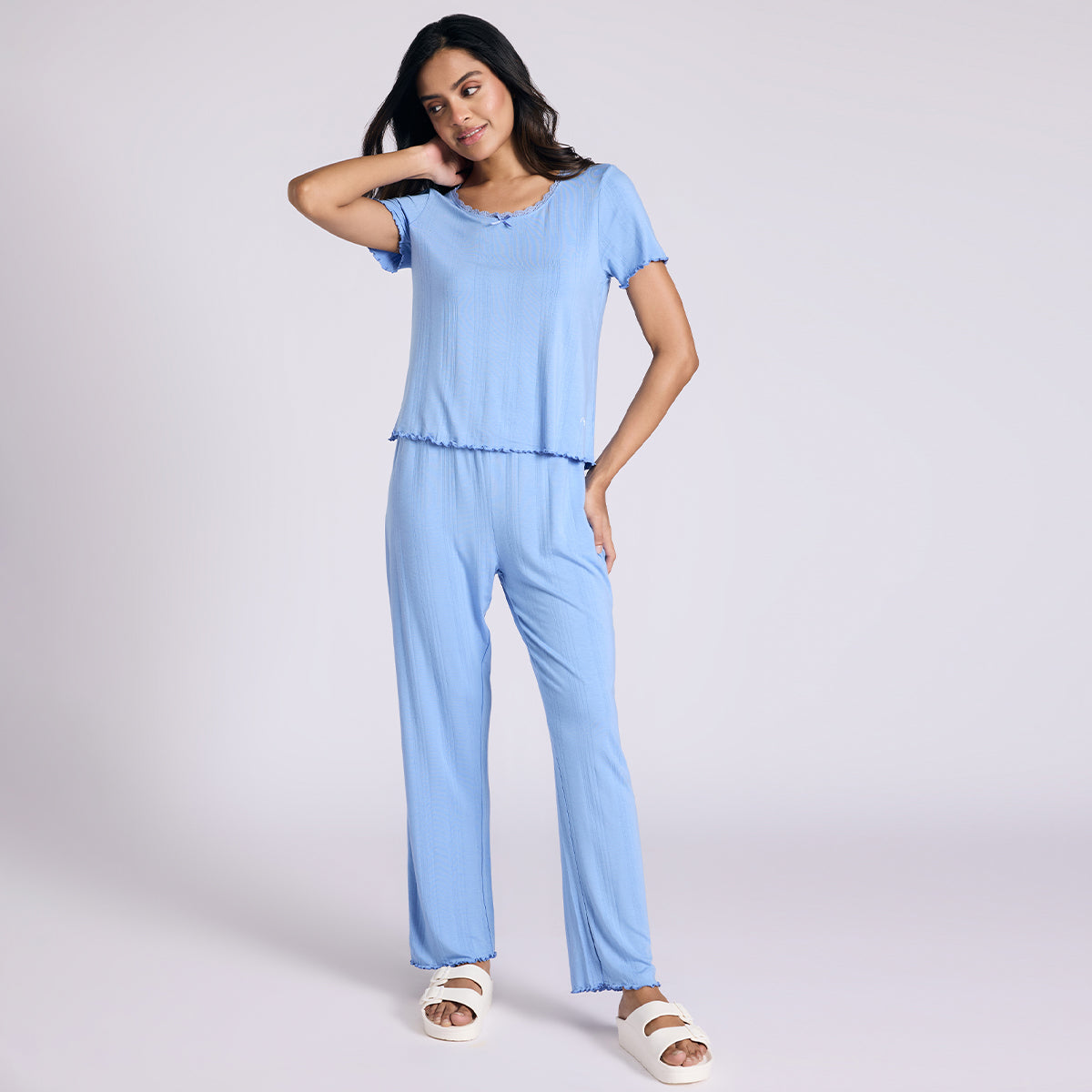 Nykd By Nykaa Sumptuously Soft Modal Pointelle Textured Pyjamas Set Of 2 Nys962 Blue