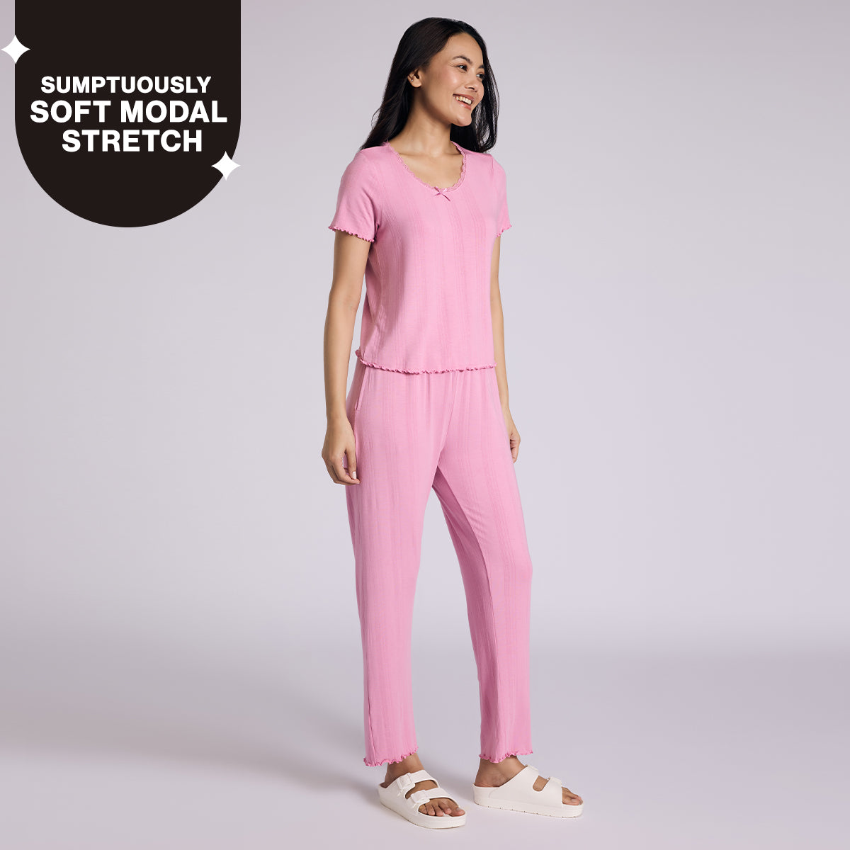 Nykd By Nykaa Sumptuously Soft Modal Pointelle Textured Pyjamas Set Of 2 Nys962 Pink