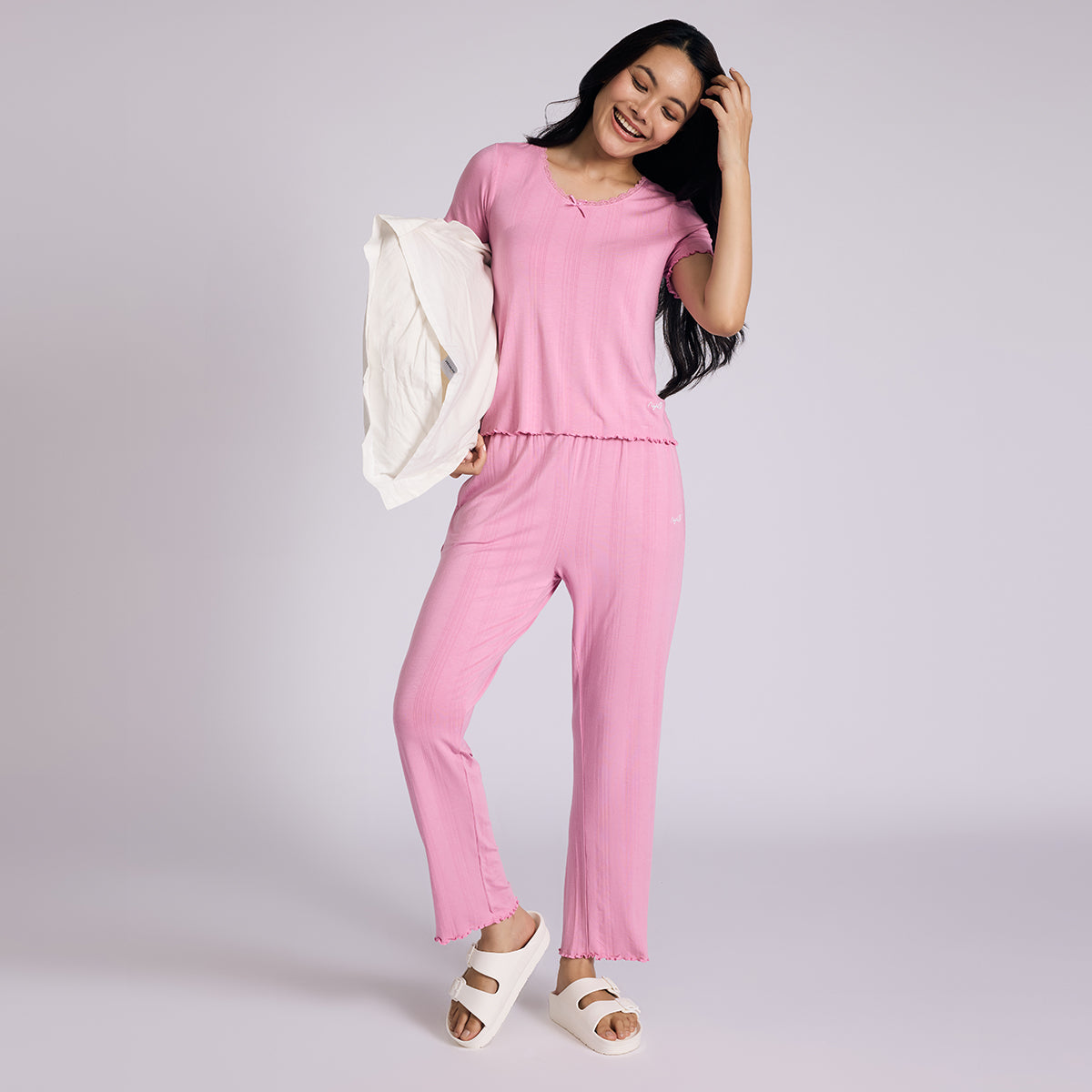 Nykd By Nykaa Sumptuously Soft Modal Pointelle Textured Pyjamas Set Of 2 Nys962 Pink