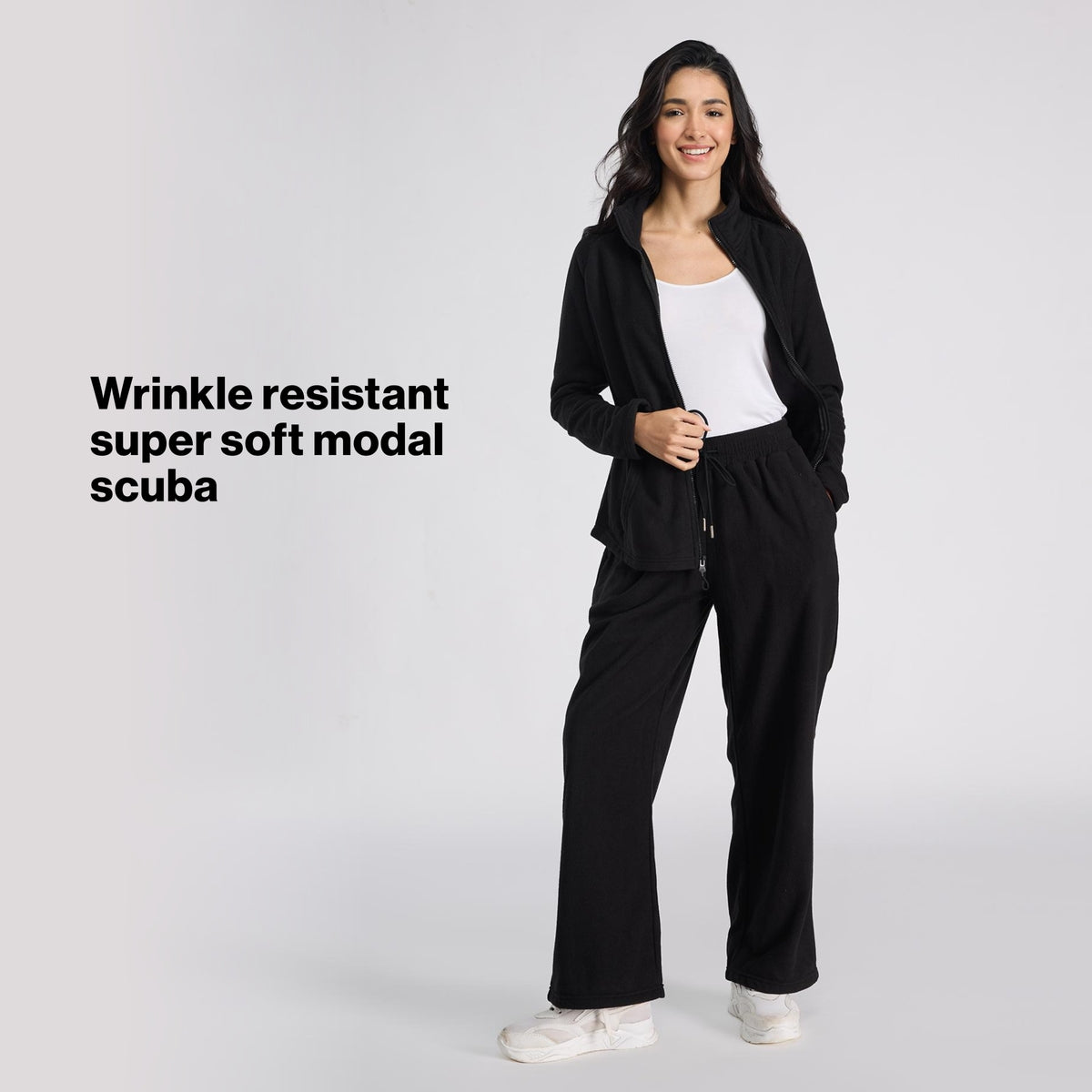 Nykd by Nykaa Luxe Modal Scuba Wide Leg Pants With Side Pockets For Travel & Everyday Wear NYS964 Black