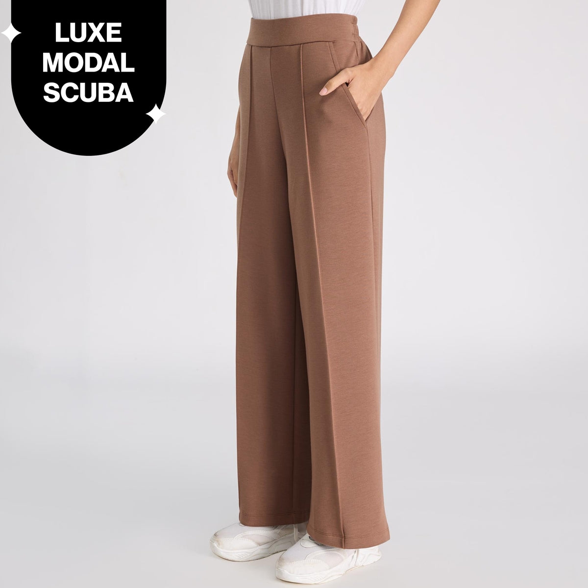 Nykd by Nykaa Luxe Modal Scuba Wide Leg Pants With Side Pockets For Travel & Everyday Wear Nys964 Brown