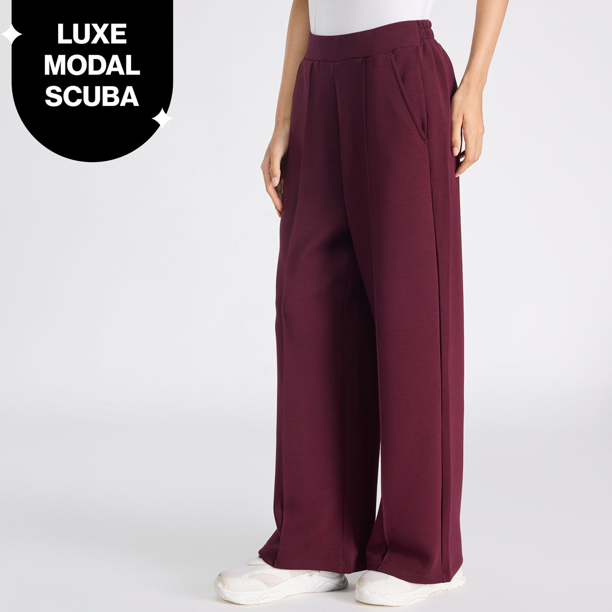 Nykd by Nykaa Luxe Modal Scuba Wide Leg Pants With Side Pockets For Travel & Everyday Wear Nys964 Wine