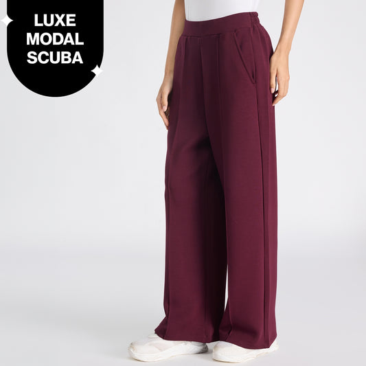Nykd by Nykaa Luxe Modal Scuba Wide Leg Pants With Side Pockets For Travel & Everyday Wear Nys964 Wine