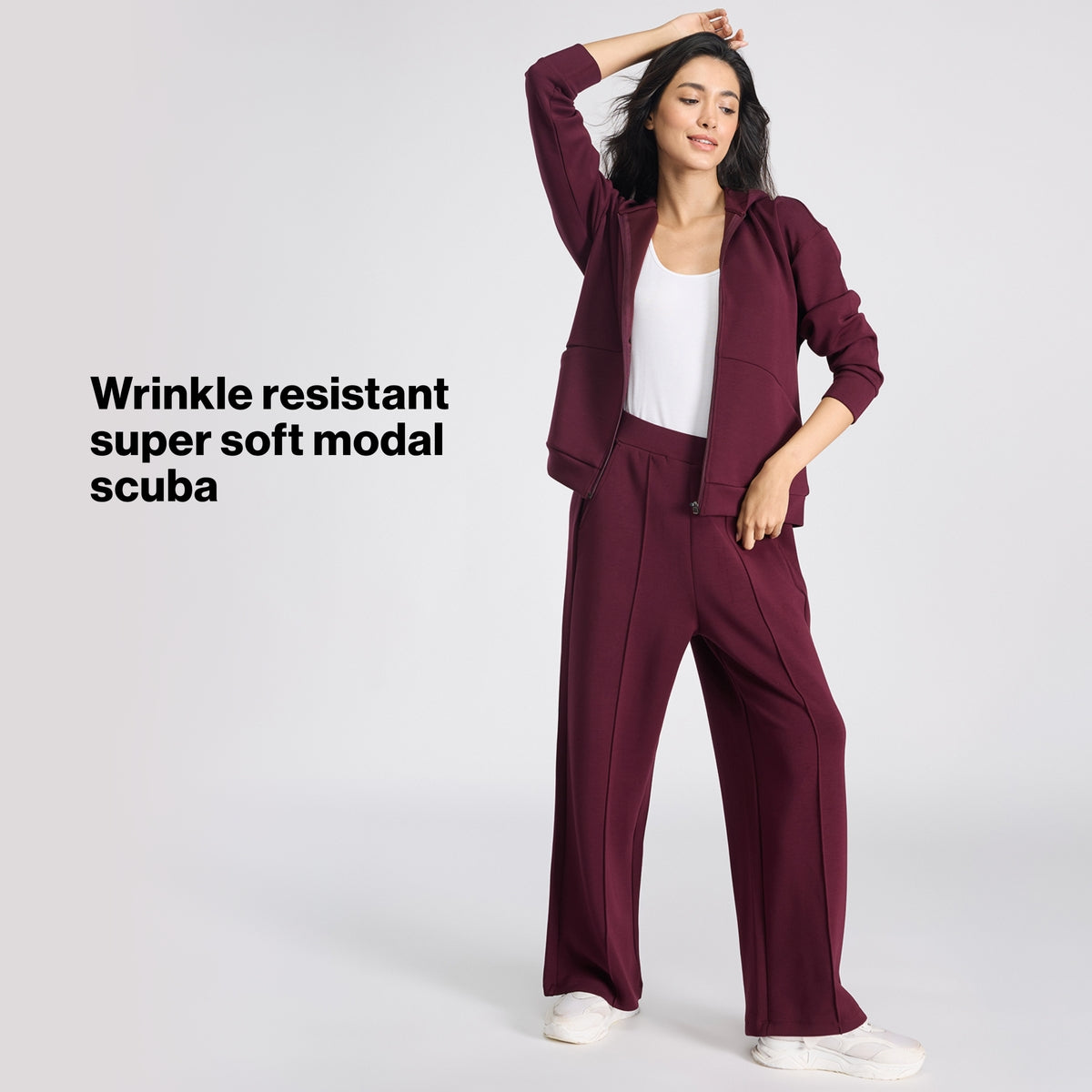 Nykd by Nykaa Luxe Modal Scuba Wide Leg Pants With Side Pockets For Travel & Everyday Wear Nys964 Wine