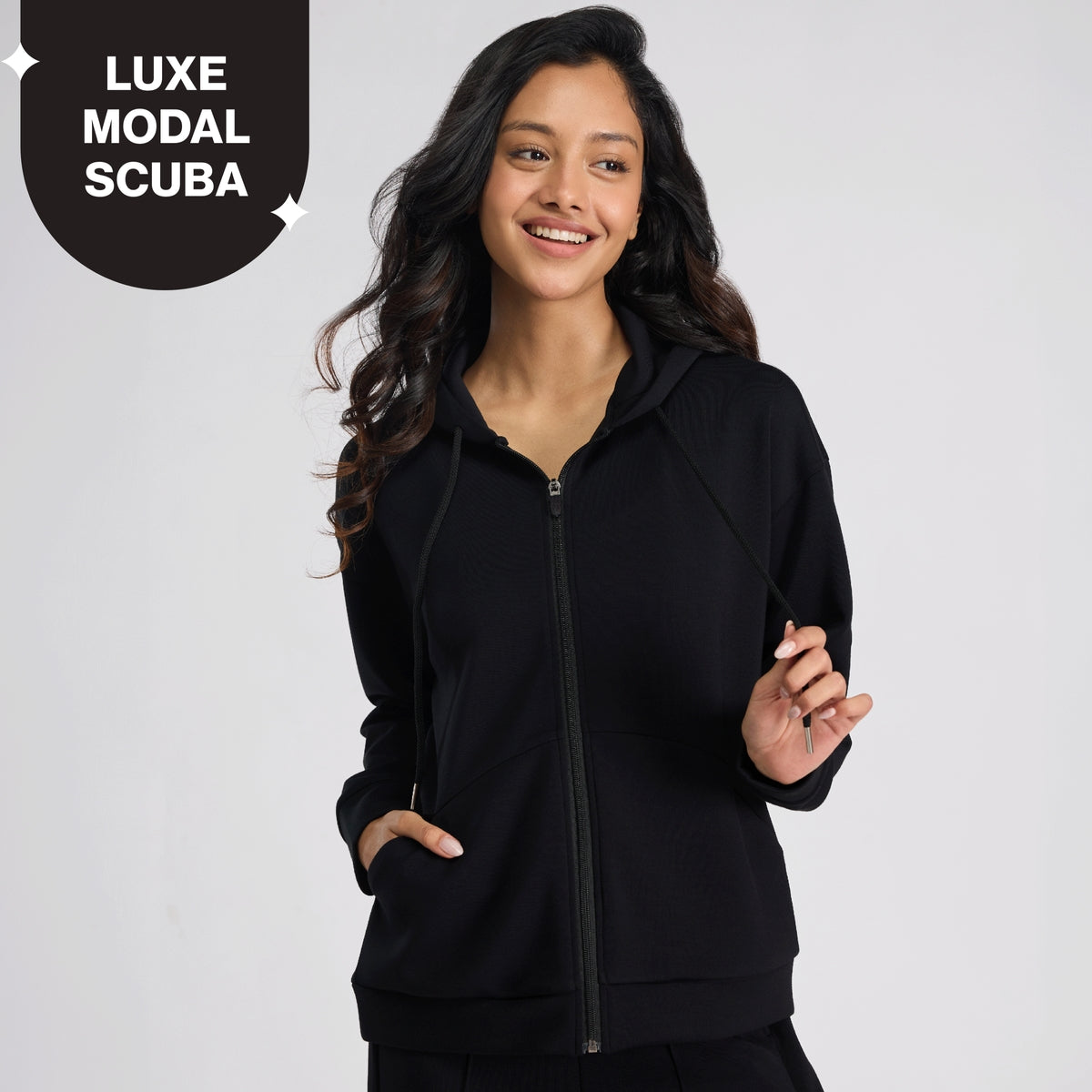Nykd by Nykaa Luxe Modal Scuba Hooded Front Open Jacket With Stylised pockets For Travel & Everyday Wear Nys965 Black