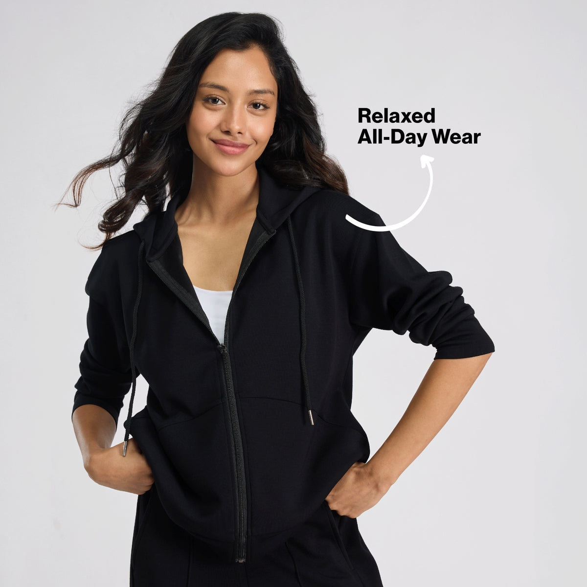 Nykd by Nykaa Luxe Modal Scuba Hooded Front Open Jacket With Stylised pockets For Travel & Everyday Wear Nys965 Black