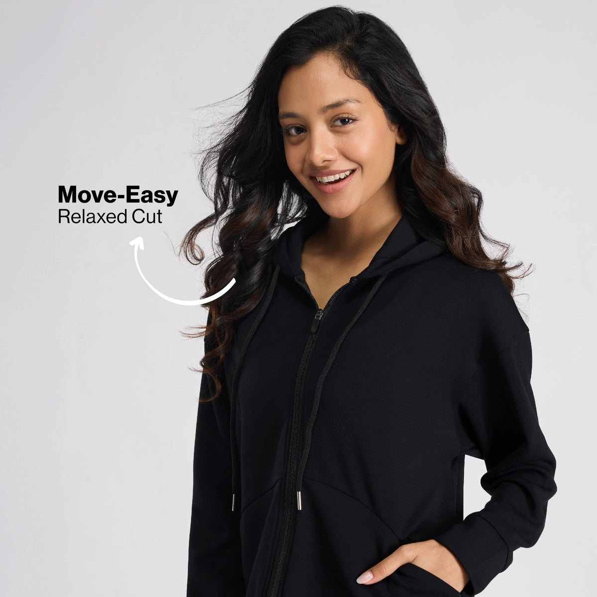 Nykd by Nykaa Luxe Modal Scuba Hooded Front Open Jacket With Stylised pockets For Travel & Everyday Wear Nys965 Black