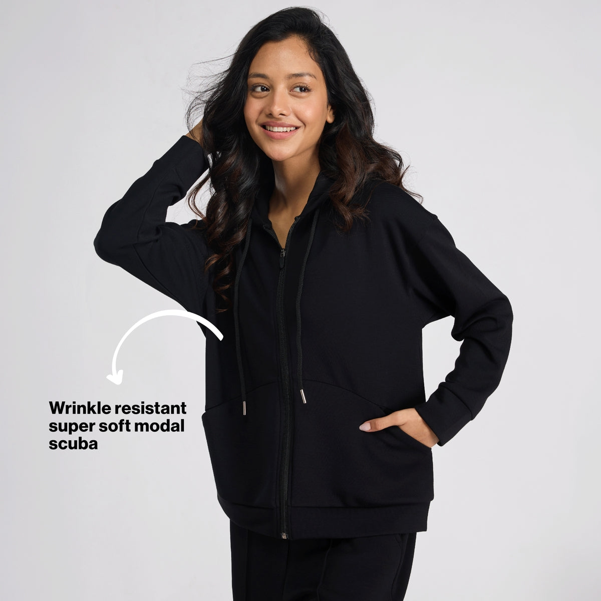 Nykd by Nykaa Luxe Modal Scuba Hooded Front Open Jacket With Stylised pockets For Travel & Everyday Wear Nys965 Black