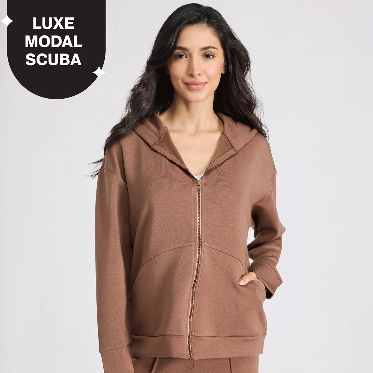 Nykd by Nykaa Luxe Modal Scuba Hooded Front Open Jacket With Stylised pockets For Travel & Everyday Wear Nys965 Brown