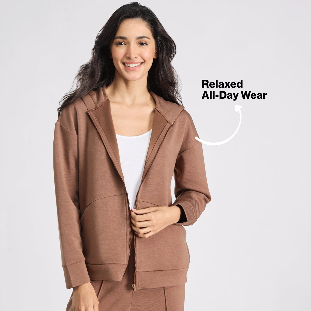Nykd by Nykaa Luxe Modal Scuba Hooded Front Open Jacket With Stylised pockets For Travel & Everyday Wear Nys965 Brown