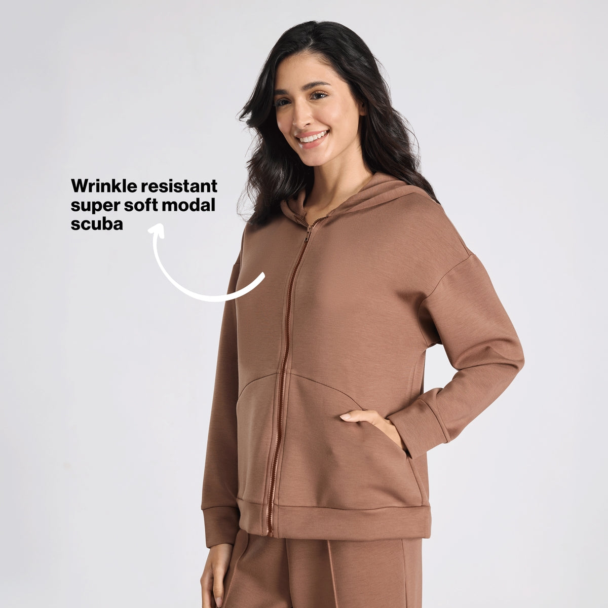 Nykd by Nykaa Luxe Modal Scuba Hooded Front Open Jacket With Stylised pockets For Travel & Everyday Wear Nys965 Brown