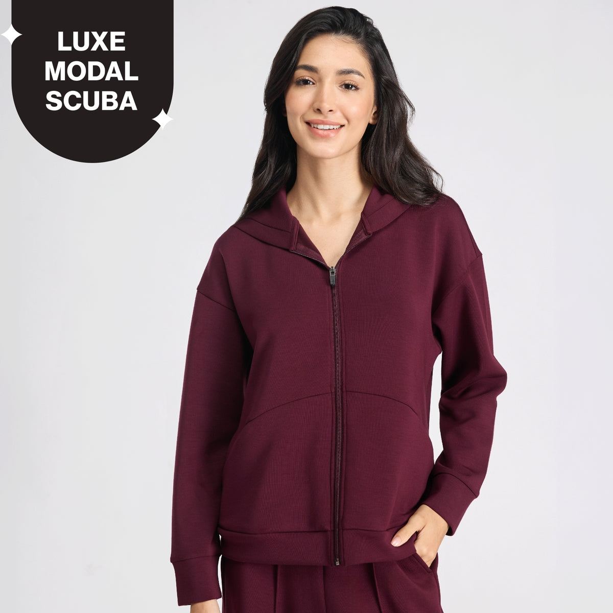Nykd by Nykaa Luxe Modal Scuba Hooded Front Open Jacket With Stylised pockets For Travel & Everyday Wear Nys965 Wine