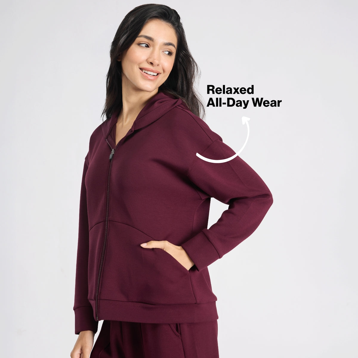 Nykd by Nykaa Luxe Modal Scuba Hooded Front Open Jacket With Stylised pockets For Travel & Everyday Wear Nys965 Wine
