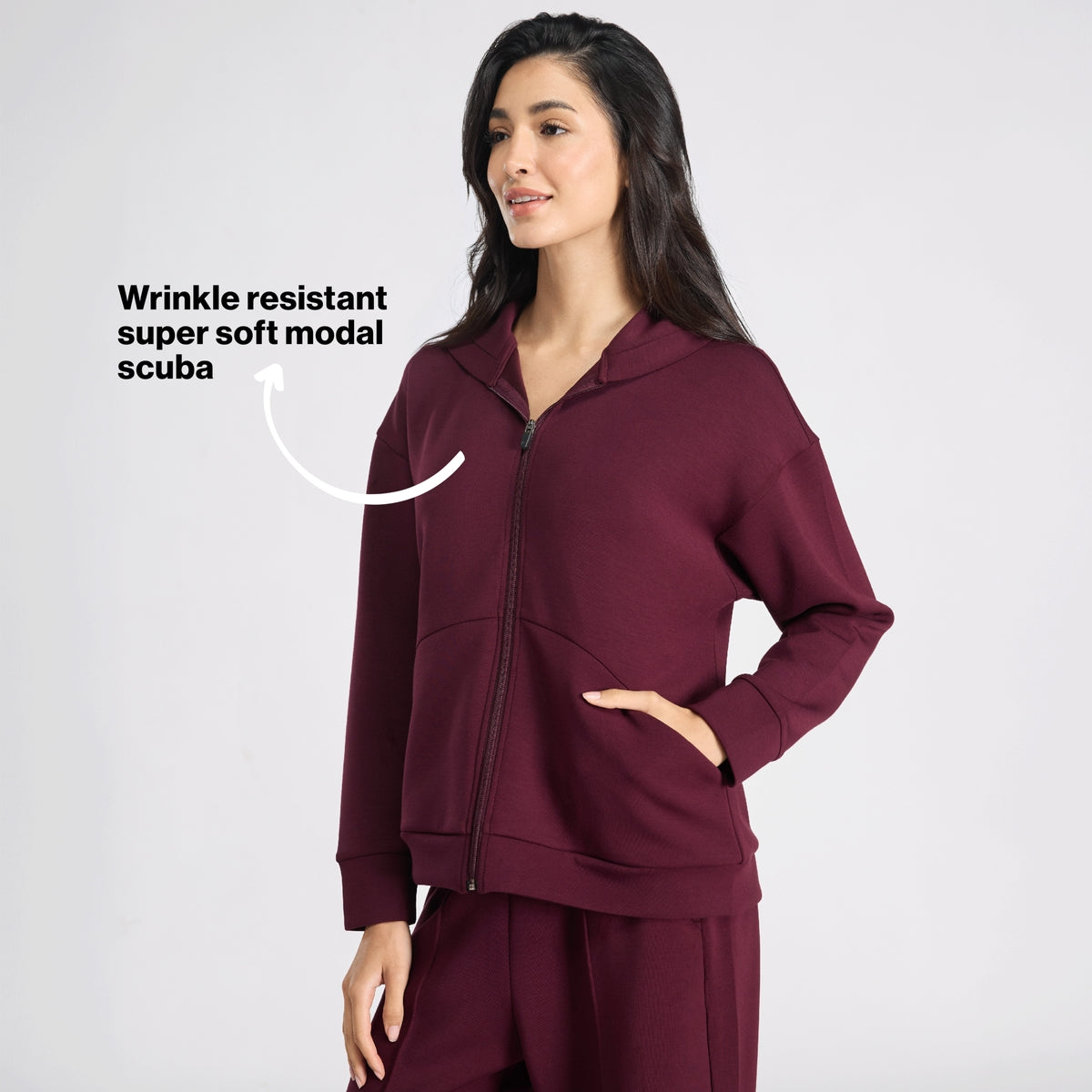 Nykd by Nykaa Luxe Modal Scuba Hooded Front Open Jacket With Stylised pockets For Travel & Everyday Wear Nys965 Wine