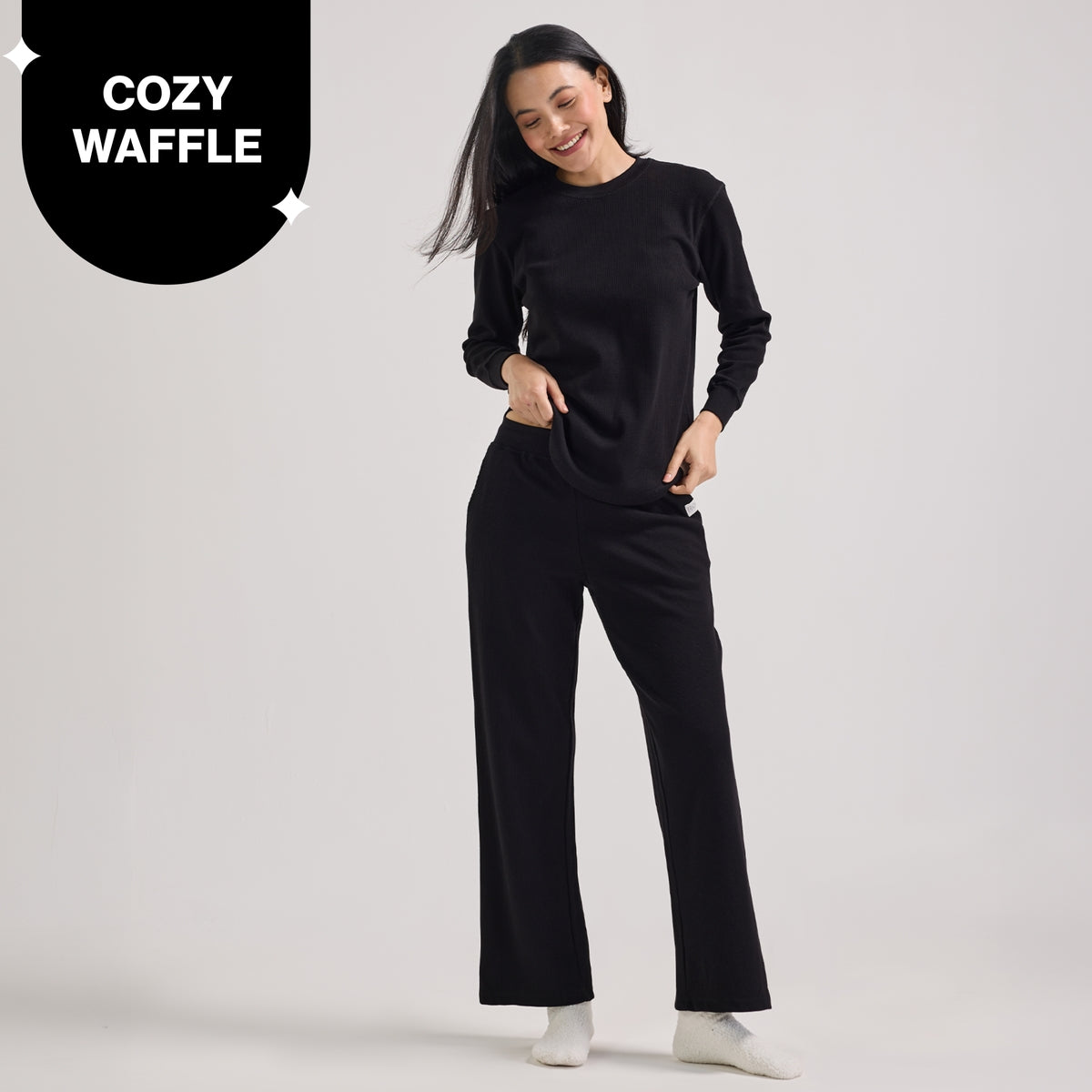 Nykd By Nykaa Waffle Pajama Set of 2 with Long Sleeved Flattering Hem Lounge Top Nys966 Black