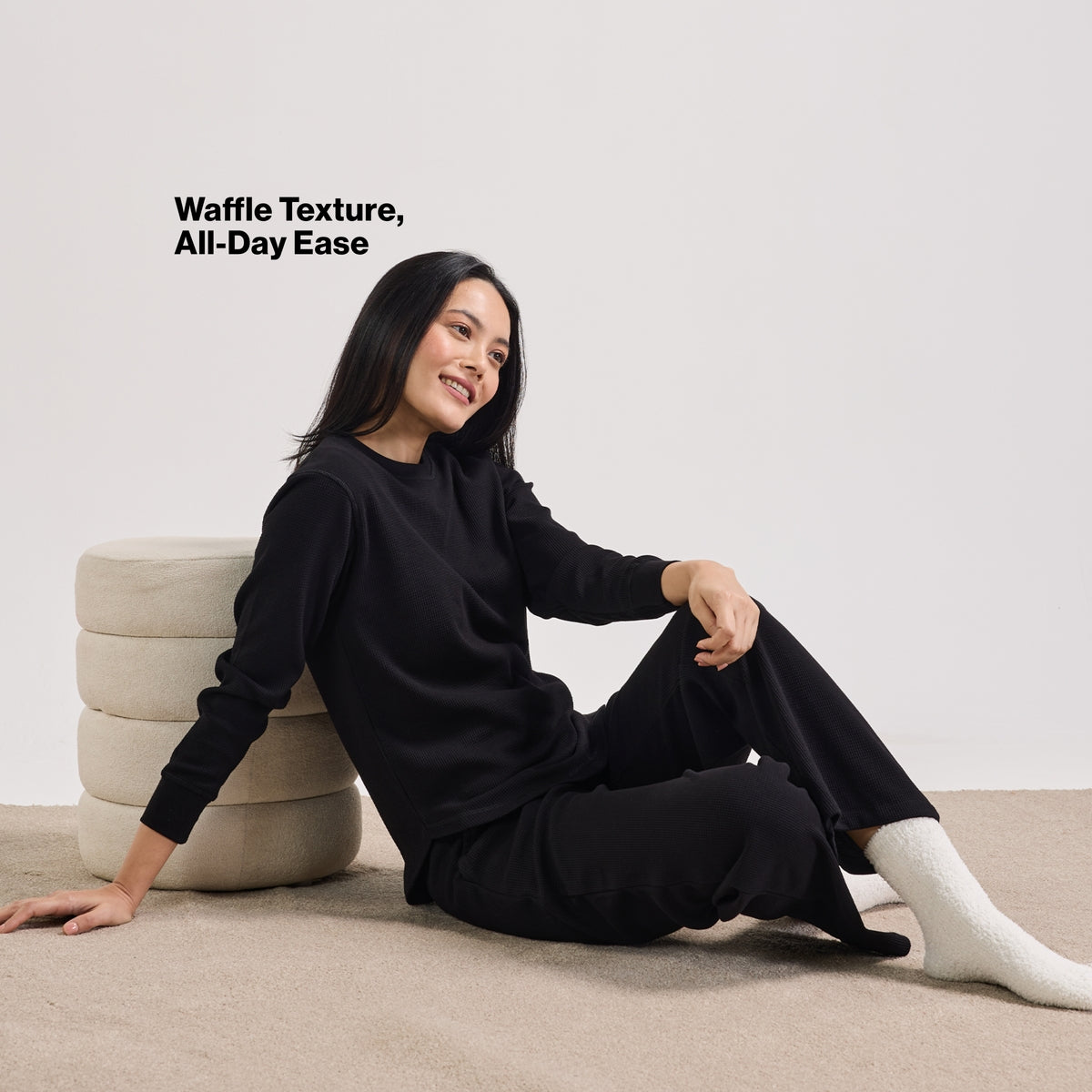 Nykd By Nykaa Waffle Pajama Set of 2 with Long Sleeved Flattering Hem Lounge Top Nys966 Black