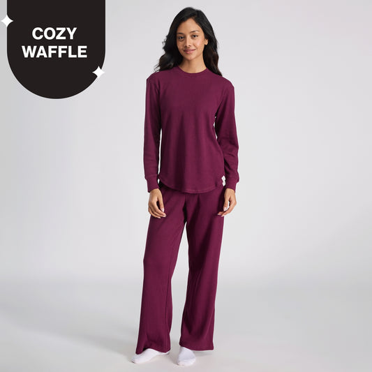Nykd By Nykaa Waffle Pajama Set of 2 with Long Sleeved Flattering Hem Lounge Top Nys966 Wine