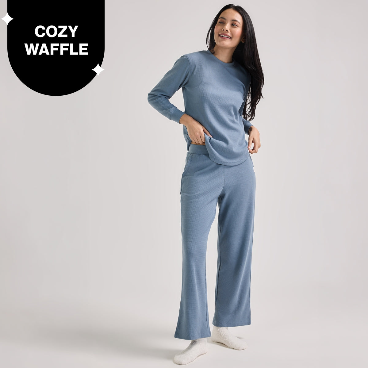 Nykd By Nykaa Waffle Pajama Set of 2 with Long Sleeved Flattering Hem Lounge Top Nys966 Blue