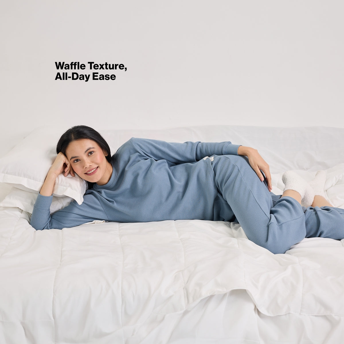 Nykd By Nykaa Waffle Pajama Set of 2 with Long Sleeved Flattering Hem Lounge Top Nys966 Blue