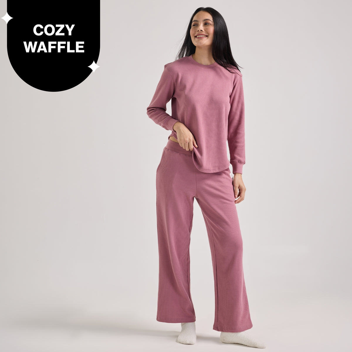 Nykd By Nykaa Waffle Pajama Set of 2 with Long Sleeved Flattering Hem Lounge Top Nys966 Light Pink