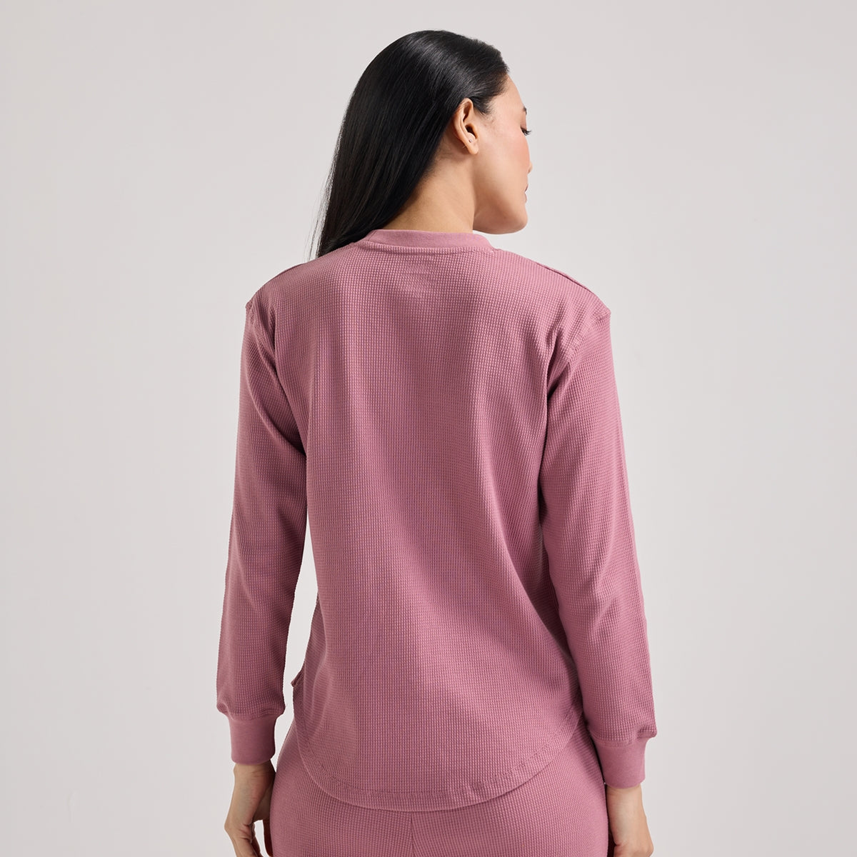 Nykd By Nykaa Waffle Pajama Set of 2 with Long Sleeved Flattering Hem Lounge Top Nys966 Light Pink