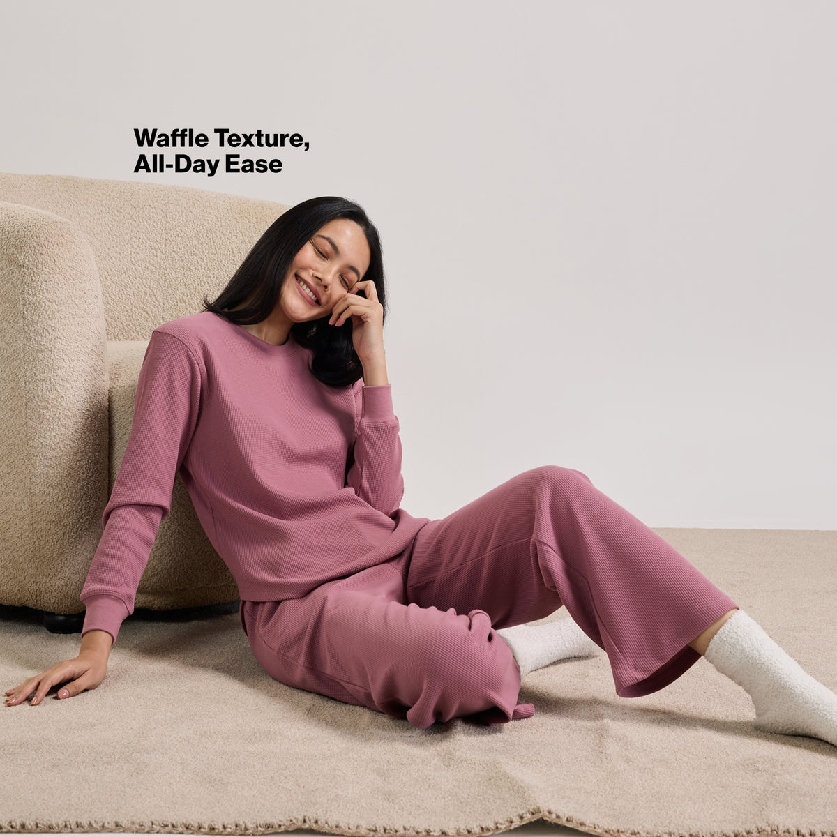 Nykd By Nykaa Waffle Pajama Set of 2 with Long Sleeved Flattering Hem Lounge Top Nys966 Light Pink