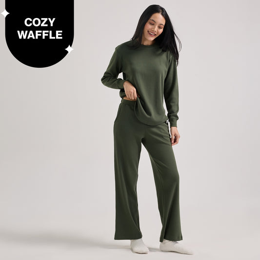 Nykd By Nykaa Waffle Pajama Set of 2 with Long Sleeved Flattering Hem Lounge Top Nys966 Olive