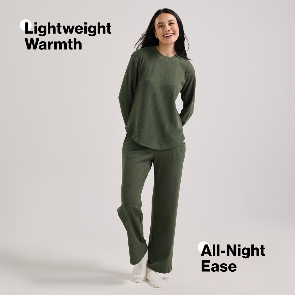 Nykd By Nykaa Waffle Pajama Set of 2 with Long Sleeved Flattering Hem Lounge Top Nys966 Olive