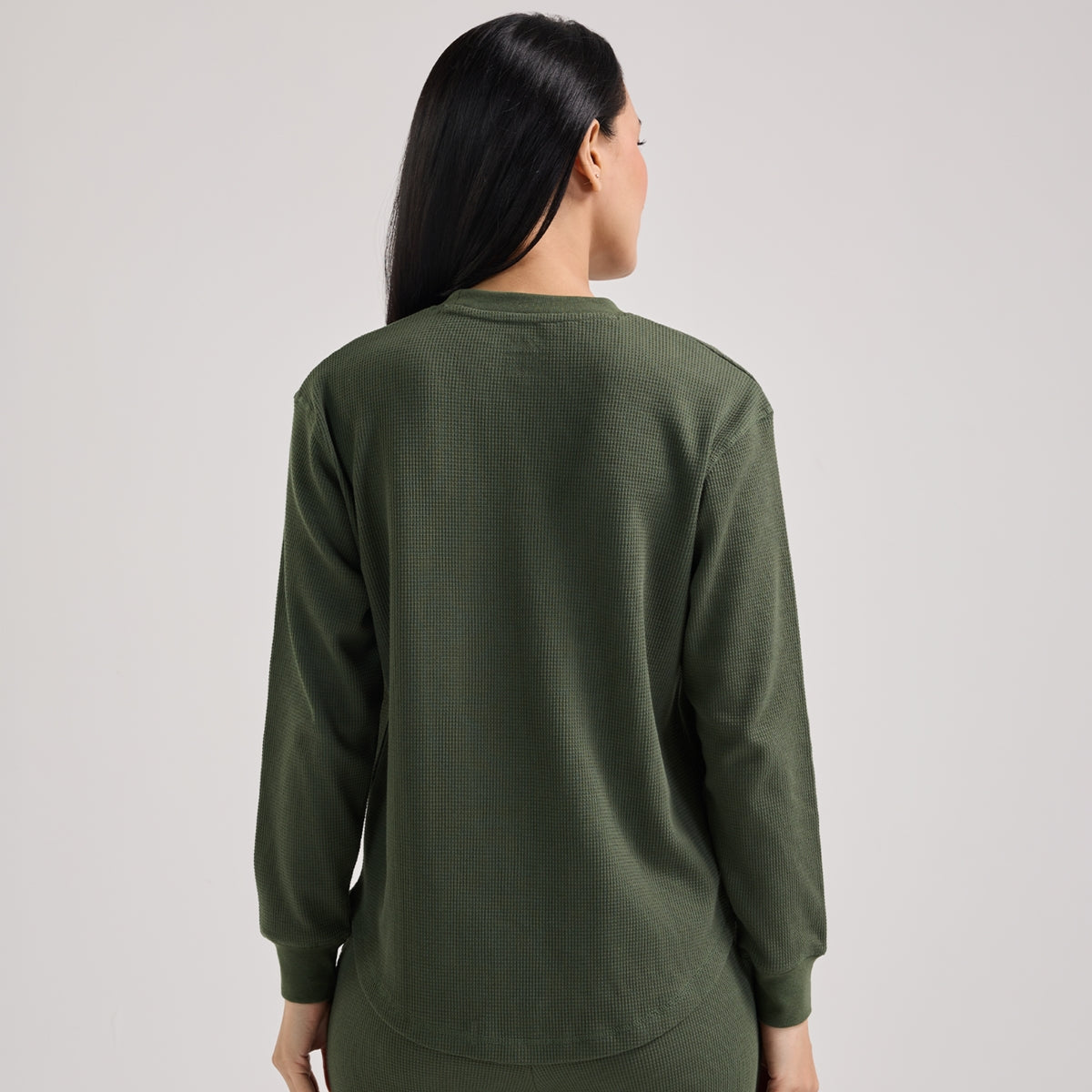 Nykd By Nykaa Waffle Pajama Set of 2 with Long Sleeved Flattering Hem Lounge Top Nys966 Olive