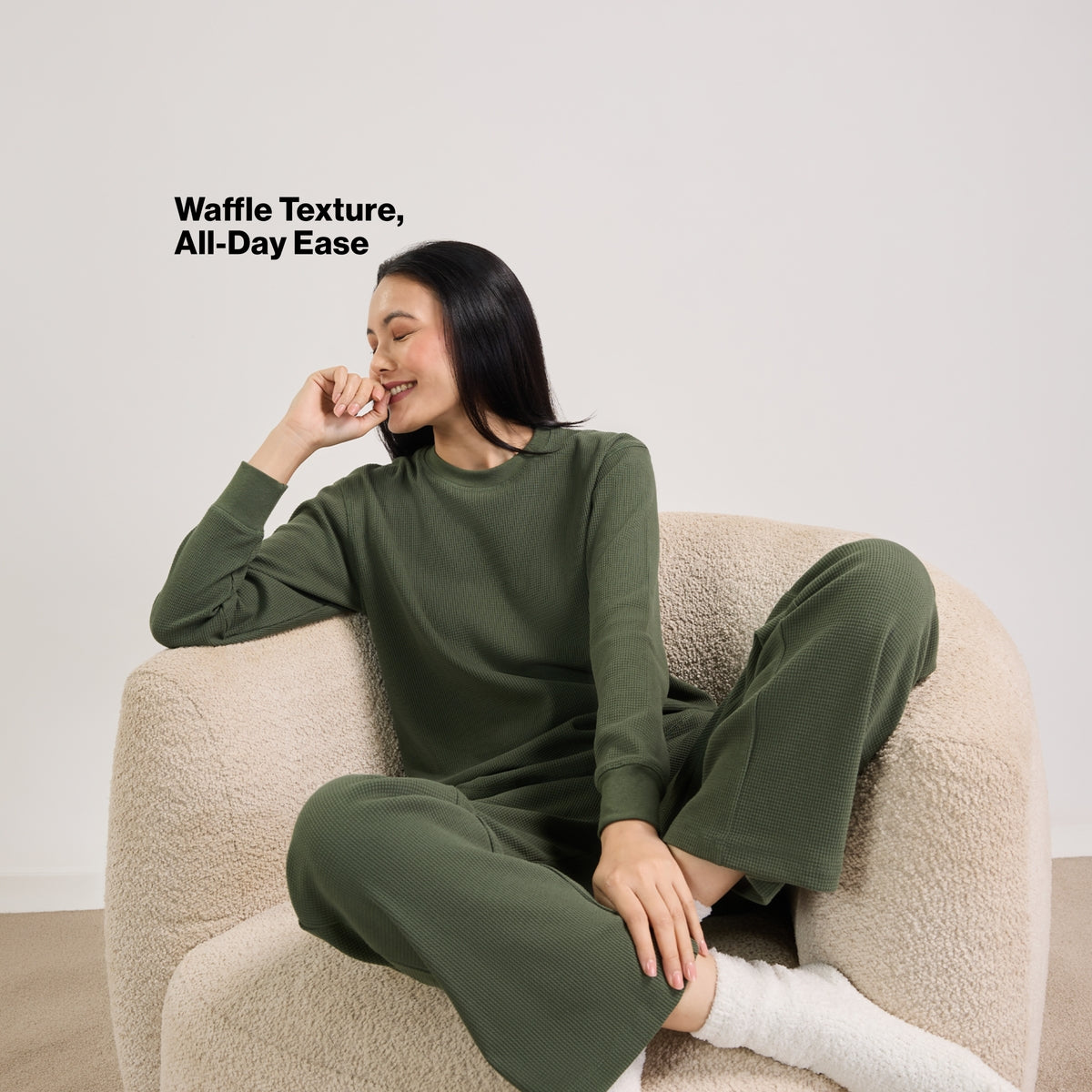 Nykd By Nykaa Waffle Pajama Set of 2 with Long Sleeved Flattering Hem Lounge Top Nys966 Olive