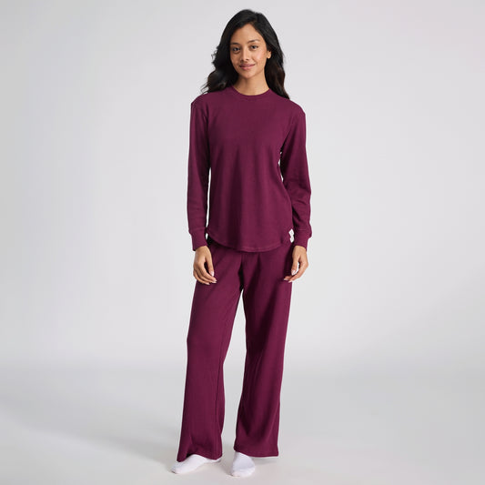 Nykd By Nykaa Waffle Pajama Set of 2 with Long Sleeved Flattering Hem Lounge Top Nys966 Wine